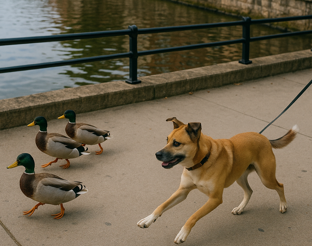 Alex and Nova walking along the riverwalk with ducks nearby.